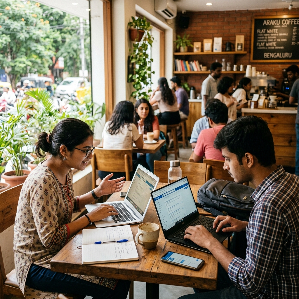 College students in Bengaluru searching for part time jobs on laptops.